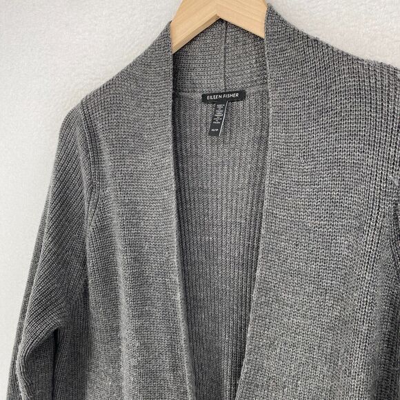 EILEEN FISHER Cardigan XS Extra Fine Merino Wool Rib Open Front Long Sleeve Gray - Picture 2 of 14